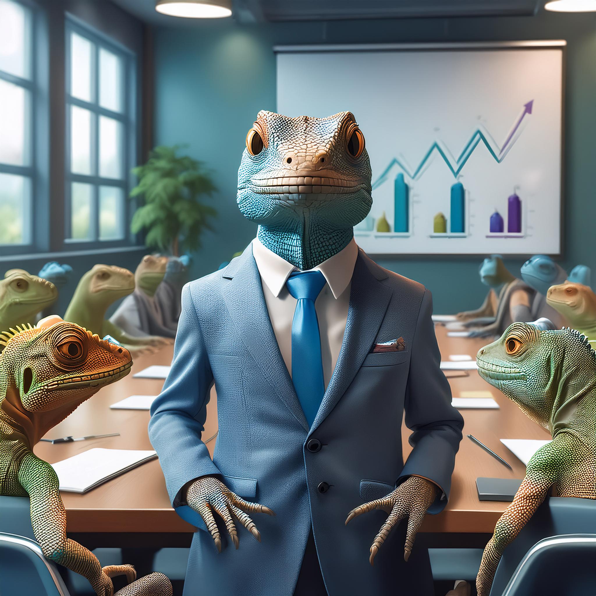 A professional lizard in a business suit staning in front of a board room full of lizards.
