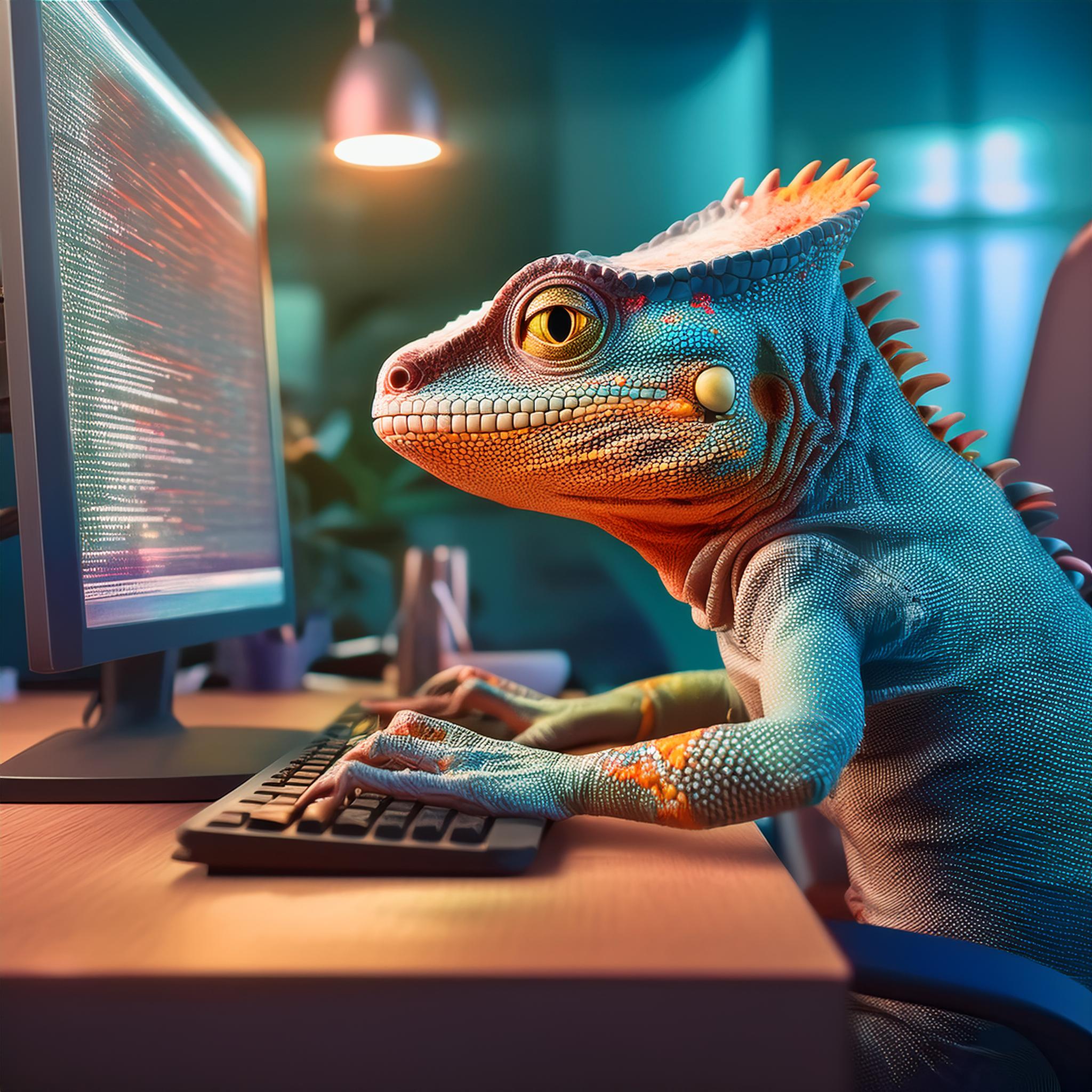 A cool lizard sitting at their desk doing web development work.