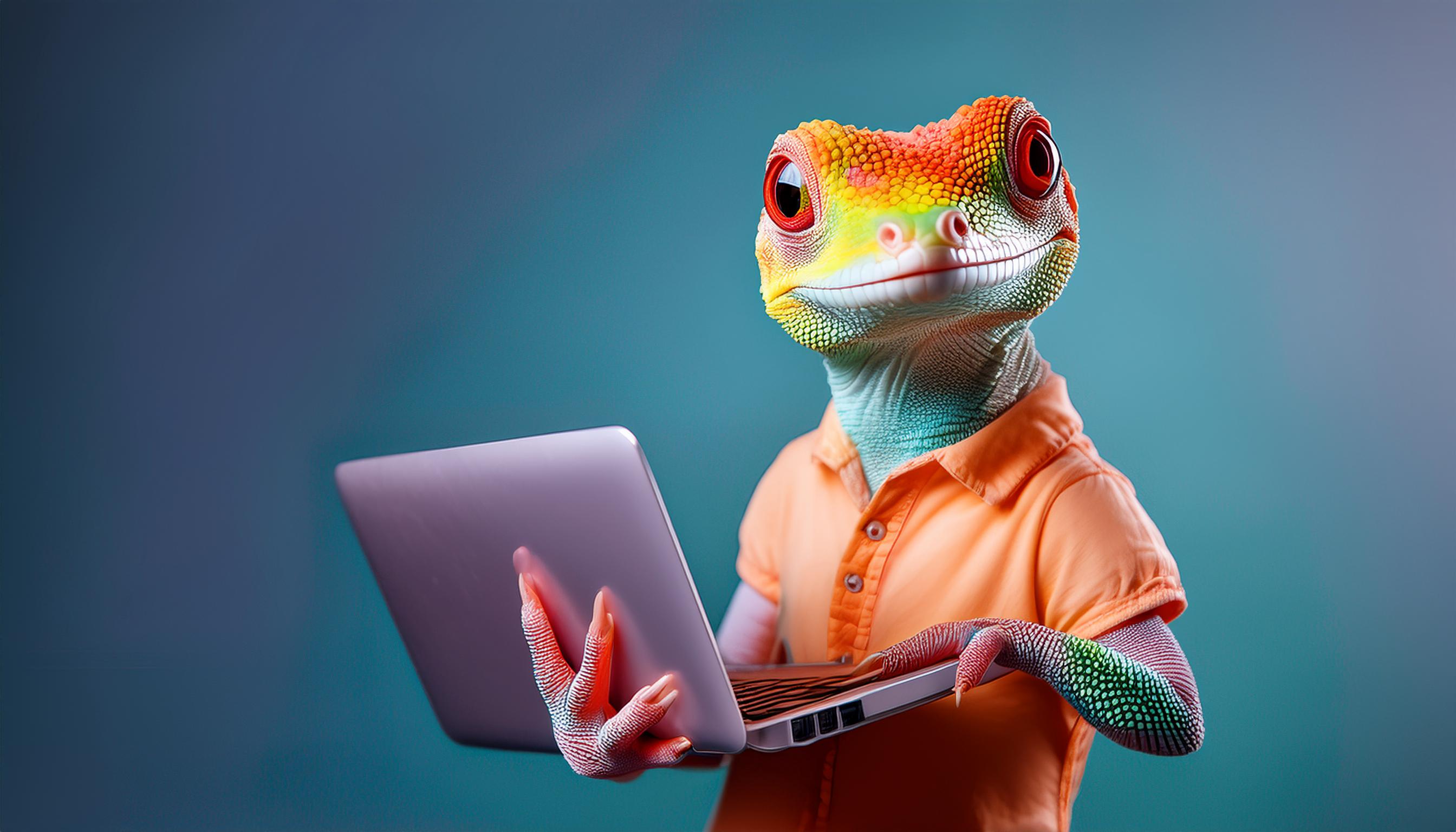 A happy, helpful lizard holding a laptop.