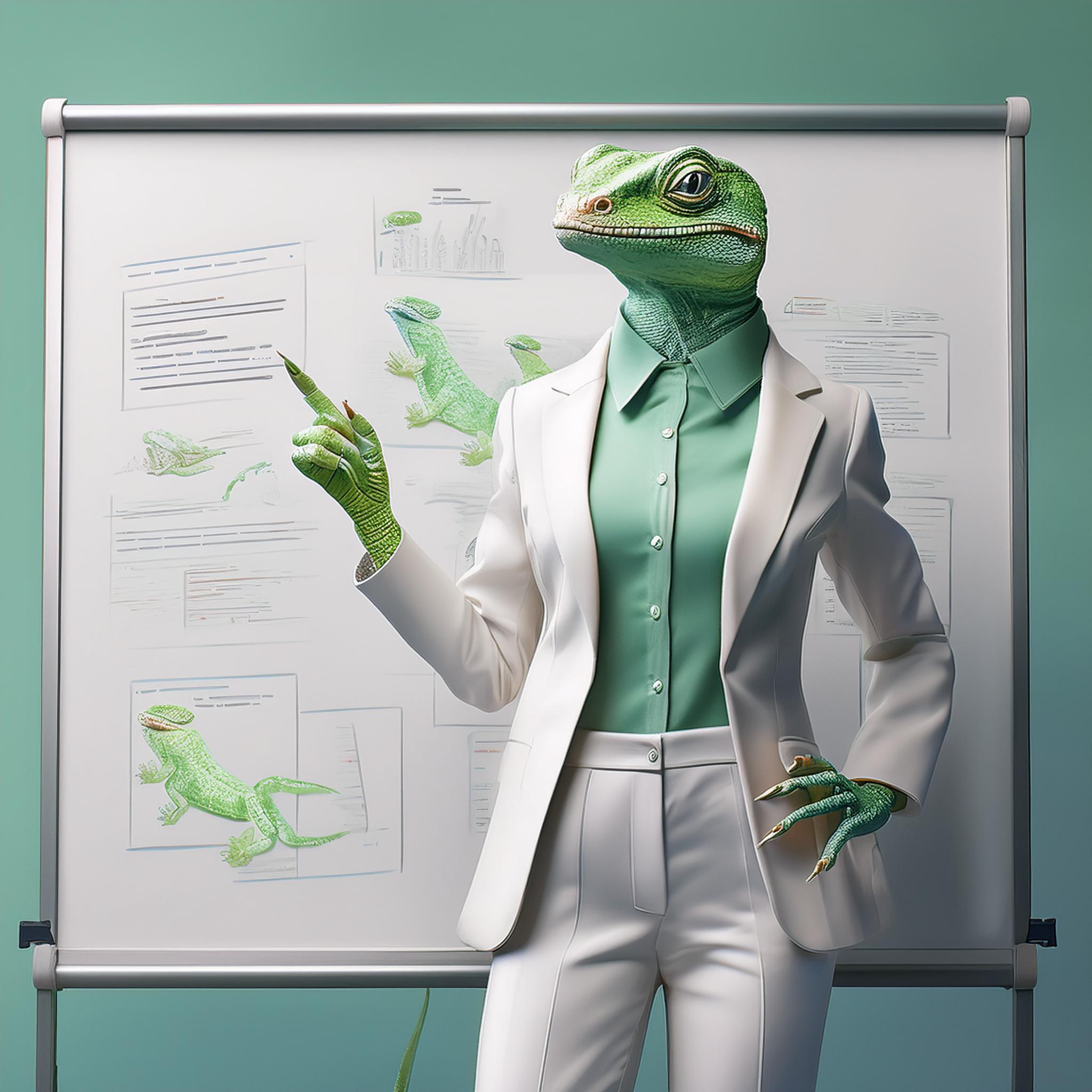 A feminine lizard in a white pantsuit giving a presentation in front of a white board.