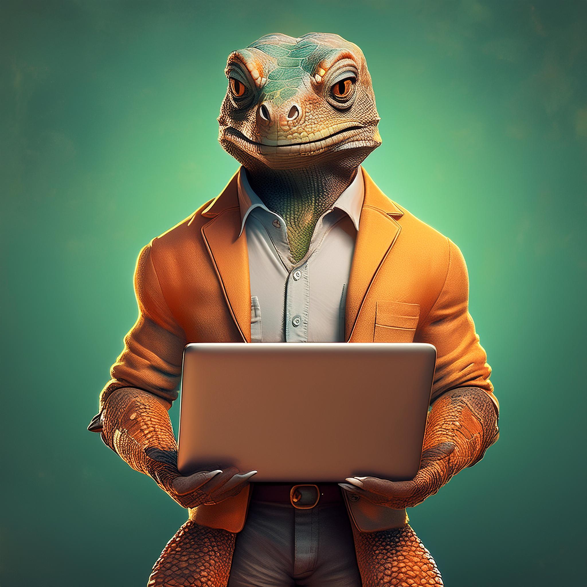 A muscled stud of a lizard dressed fashionable in a tight jacket and trousers.
